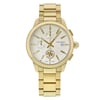 An image of a Wristwatch by Tory Burch. This Pre Owned item is designed for Women, featuring a Casual style. It has a Quartz movement and an Analog display with a Cream dial color. The indices include Sticks. The band is made of Stainless Steel and the case is made of Stainless Steel. The watch has a Round shape with a case size of 38 mm and a case thickness of 11 mm.