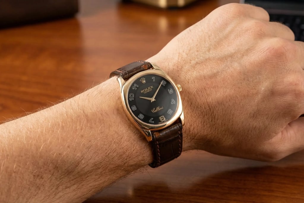 An image of a pre-owned men's Rolex wristwatch being worn on a wrist. The watch is viewed from a close-up, slightly angled perspective, showcasing its elegant black dial with rose gold accents and a brown leather strap. The background is a wooden surface, adding warmth to the overall composition.