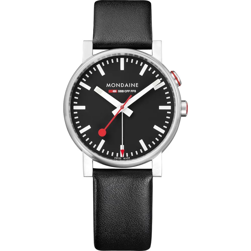 An image of a Wristwatch by Mondaine. This Display Model item is designed for Men, featuring a Casual,Classic,Dress/Formal style. It has a Quartz movement and an Analog display with a Black dial color. The indices include 12-Hour Dial,Non-Numeric Hour Marks,Stick Indexes. The band is made of Leather and the case is made of Stainless Steel. The watch has a Round shape with a case size of 40 mm and a case thickness of 12 mm.