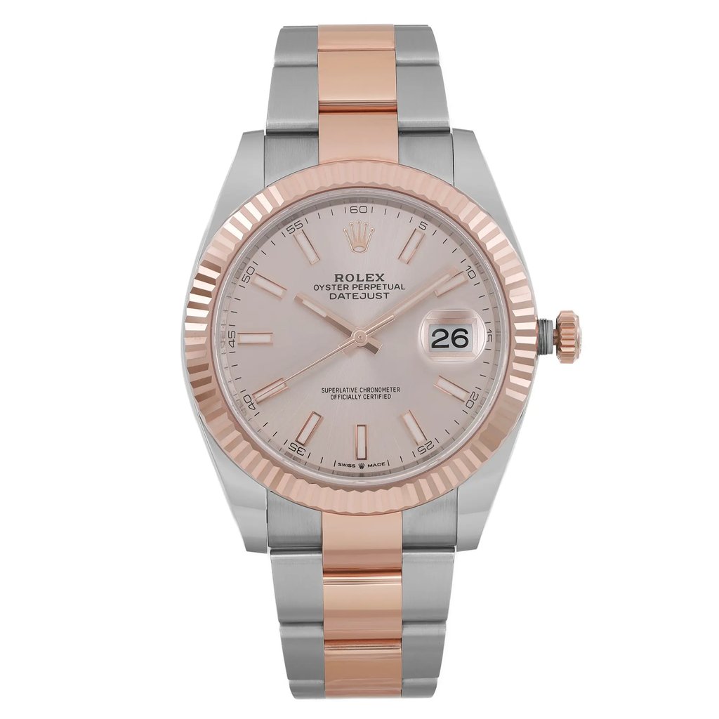 An image of a Rolex men's wristwatch in a display model condition, showcasing a frontal view. The watch features a luxurious style with a round stainless steel case and a sundust-colored dial. It has a rose gold bezel and a two-tone band made of rose gold and stainless steel. The dial includes stick indexes, luminous hands, and a date indicator at the 3 o'clock position. The condition of the watch is excellent, and the image is taken from a front full frontal angle at a close distance, providing a clear view of the watch's details.