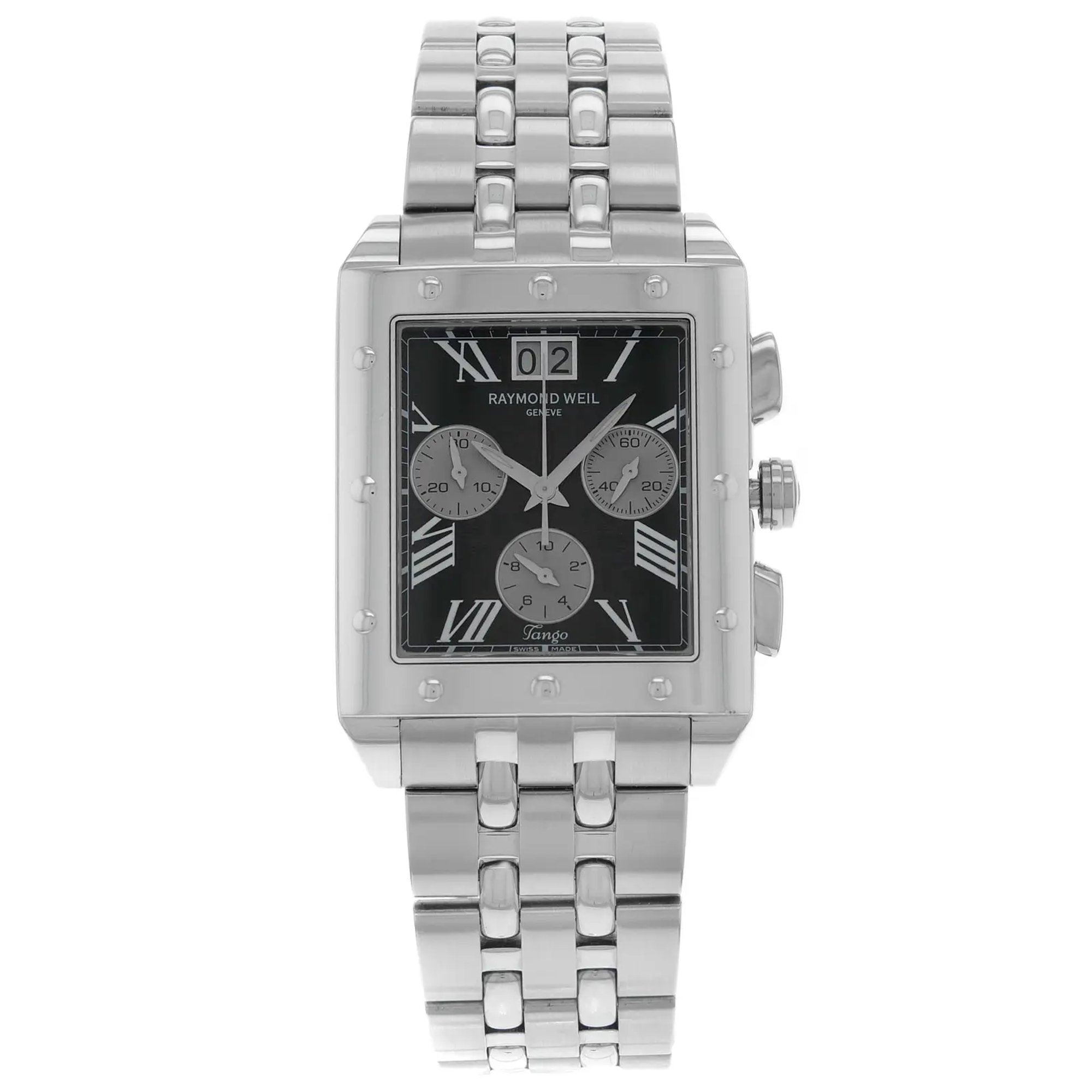 An image of a Wristwatch by RAYMOND WEIL. This Pre Owned item is designed for Men, featuring a Casual style. It has a Quartz movement and an Analog display with a Black dial color. The indices include 12-Hour Dial,Roman Numerals. The band is made of Stainless Steel and the case is made of Stainless Steel. The watch has a Rectangle shape with a case size of 34 mm and a case thickness of 10 mm.