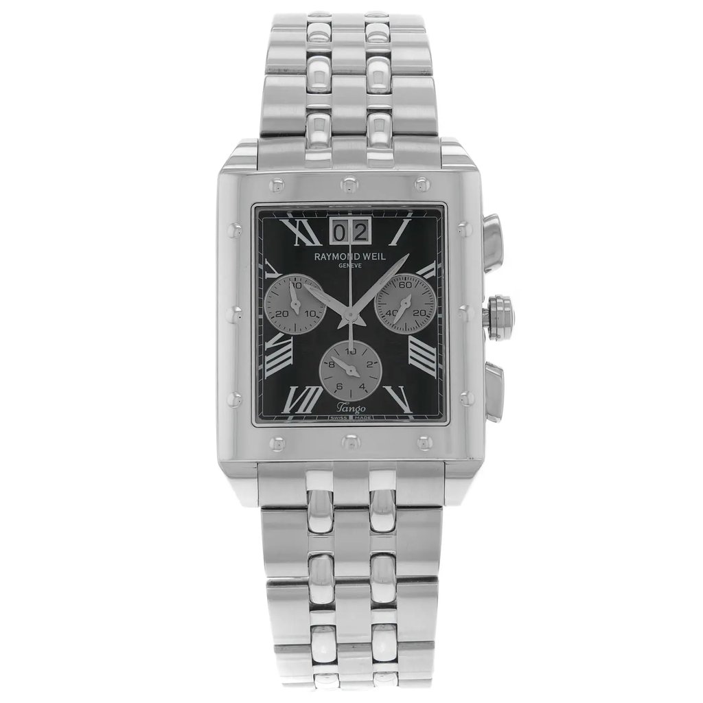 An image of a Wristwatch by RAYMOND WEIL. This Pre Owned item is designed for Men, featuring a Casual style. It has a Quartz movement and an Analog display with a Black dial color. The indices include 12-Hour Dial,Roman Numerals. The band is made of Stainless Steel and the case is made of Stainless Steel. The watch has a Rectangle shape with a case size of 34 mm and a case thickness of 10 mm.