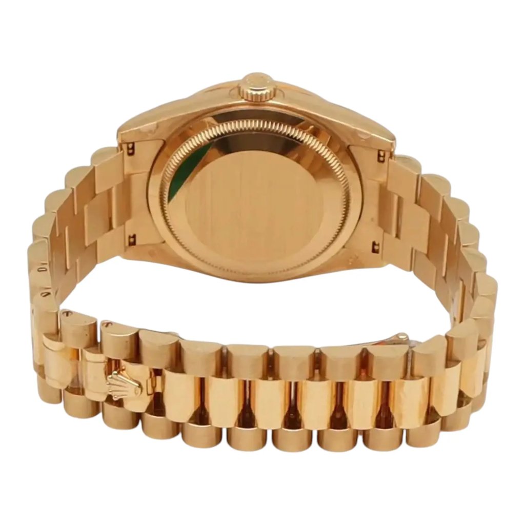 Back View Of Solid Back Case And Closed Yellow Gold Band Of Rolex 118348 Watch Unworn Condition