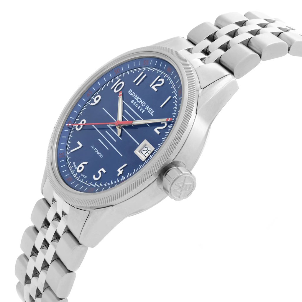 View Of Crown Facing Side Of RAYMOND WEIL 2754-ST-05500 Stainless Steel Watch Unworn Condition