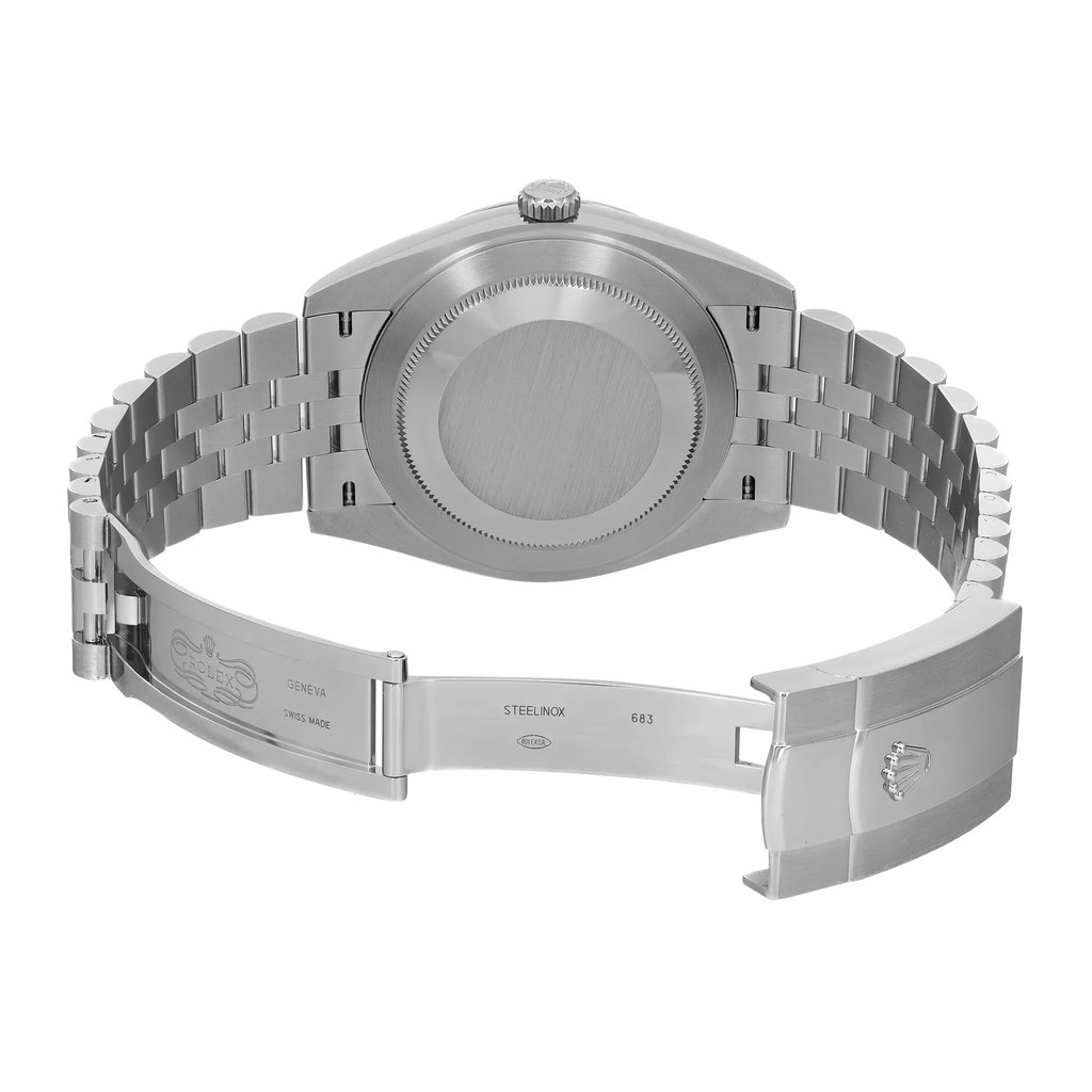 An image of an unworn Rolex men's wristwatch in a back view with an open clasp. The watch is positioned centrally and shown up close, with the stainless steel screwback case clearly visible. The round case connects to a stainless steel band, partially wrapping around the left side of the frame. The fold-over clasp is displayed open to the right, revealing the brand's logo and the words "GENEVA" on the interior of the clasp.