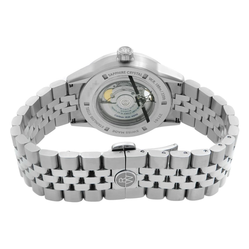 Back View Of Exhibition Back Case And Closed Stainless Steel Band Of RAYMOND WEIL 2710-ST-20021 Watch New Condition