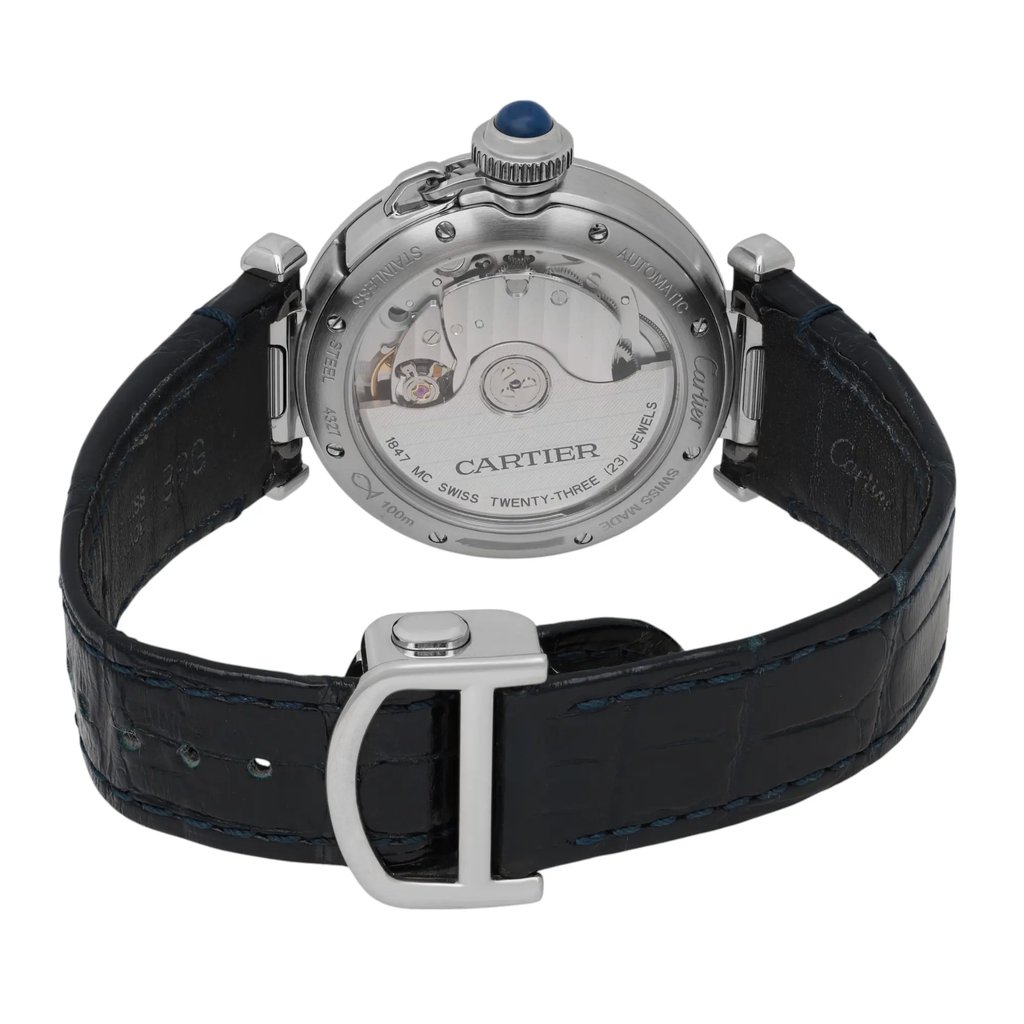 An image of a pre-owned men's Cartier wristwatch shown from the rear angle, highlighting its transparent case back and intricate mechanical movement. The watch is positioned upright with the band partially open, displaying the leather strap and clasp. The angle captures the watch from a slightly elevated perspective, allowing a clear view of the detailed engravings on the back.