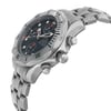 An image of a pre-owned OMEGA men's diver wristwatch showing a side profile view with the crown visible. The watch features a round stainless steel case and a matching band, positioned diagonally across the frame with a slight leftward tilt, emphasizing its depth and design. The watch has a blue dial, gray bezel, and includes chronograph functions, a date indicator, and luminous hands. The photograph is taken from a close distance to highlight the watch's details and craftsmanship. Light scratches on the bezel. Minor signs of wear on the watch