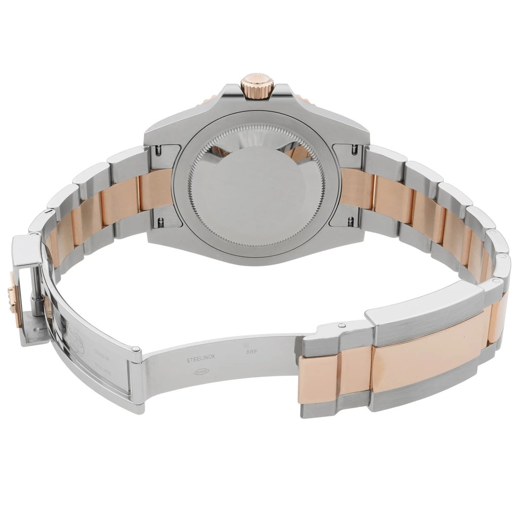 Back View Of Solid Back Case And Open Rose Gold,Stainless Steel Band Of Rolex 126711CHNR Watch Pre Owned Condition