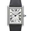 An image of a Cartier men's wristwatch in excellent condition, displayed in a front close-up shot with the watch face centered and angled slightly to the right. The wristwatch features a casual style with a silver dial, gray bezel, and a stainless steel case in a rectangular shape. It has a black leather band, a 12-hour dial, and Roman numerals as indices. The Cartier logo and the word "AUTOMATIC" are visible on the dial, which is situated at a moderate distance allowing for clear visibility of the details. This watch is a display model and may show minor blemishes. 