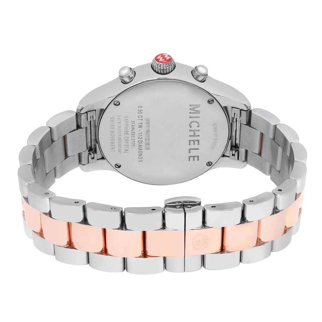 An image of a pre-owned wristwatch taken from the back view, showcasing the closed clasp. The watch features a two-tone metal bracelet with silver and rose gold links. The brand name is engraved on the back of the watch case. The angle is straight-on, capturing the full width of the band and the case, with a close-up distance highlighting the details.