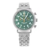 An image of a pre-owned wristwatch captured from a front full frontal view. The watch features a green dial with white numerals and two sub-dials, encased in a silver frame. It has a silver metal bracelet and is positioned directly facing the viewer, showcasing its details clearly at a close distance.