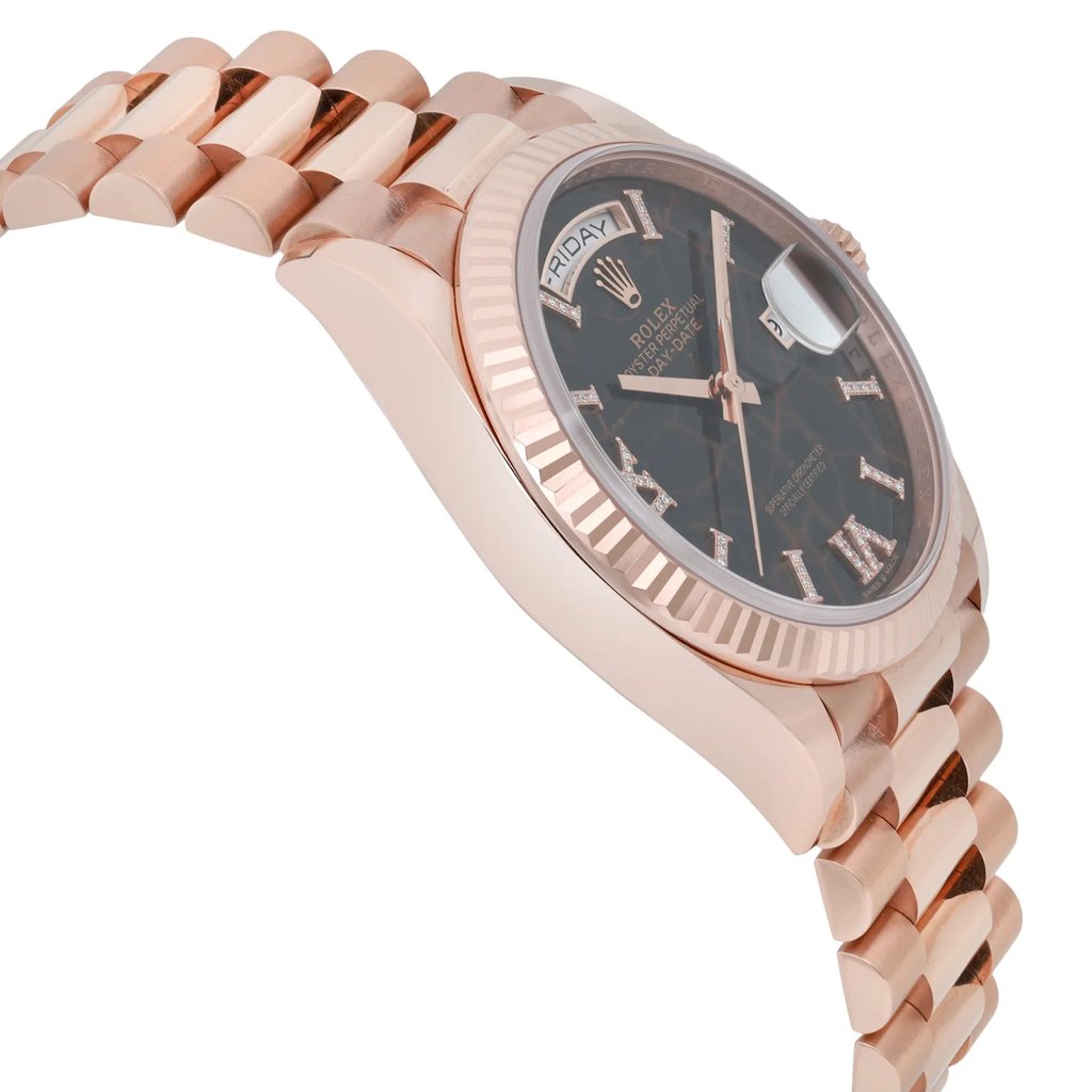 View Of Opposite Crown Facing Side Of Rolex 128235-0041 Rose Gold Plated Watch New Condition