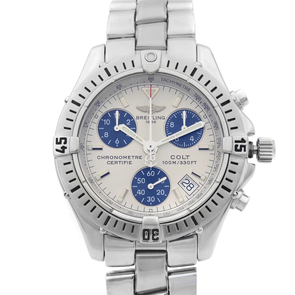 Up Close Front Facing Picture Of Breitling A73350 Stainless Steel Watch Pre Owned Condition