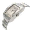 An image of a pre-owned wristwatch shown from a side profile view, with a focus on the crown. The watch features a rectangular silver case and a matching metallic band. The face displays Roman numerals and a smaller subdial, captured at a slight angle to highlight its design and details.