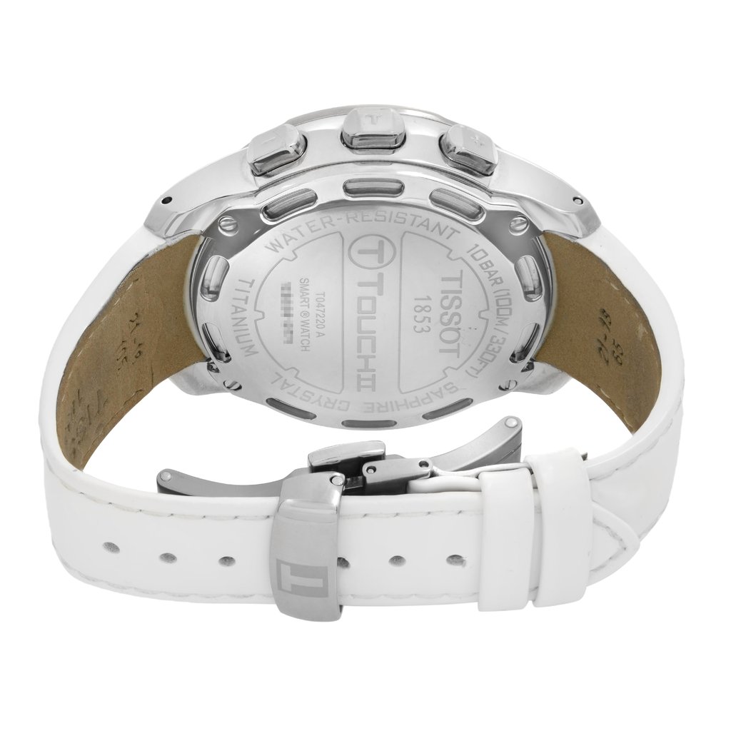 Back View Of Screwback Back Case And Closed Leather Band Of Tissot T047.220.46.016.00 Watch Pre Owned Condition