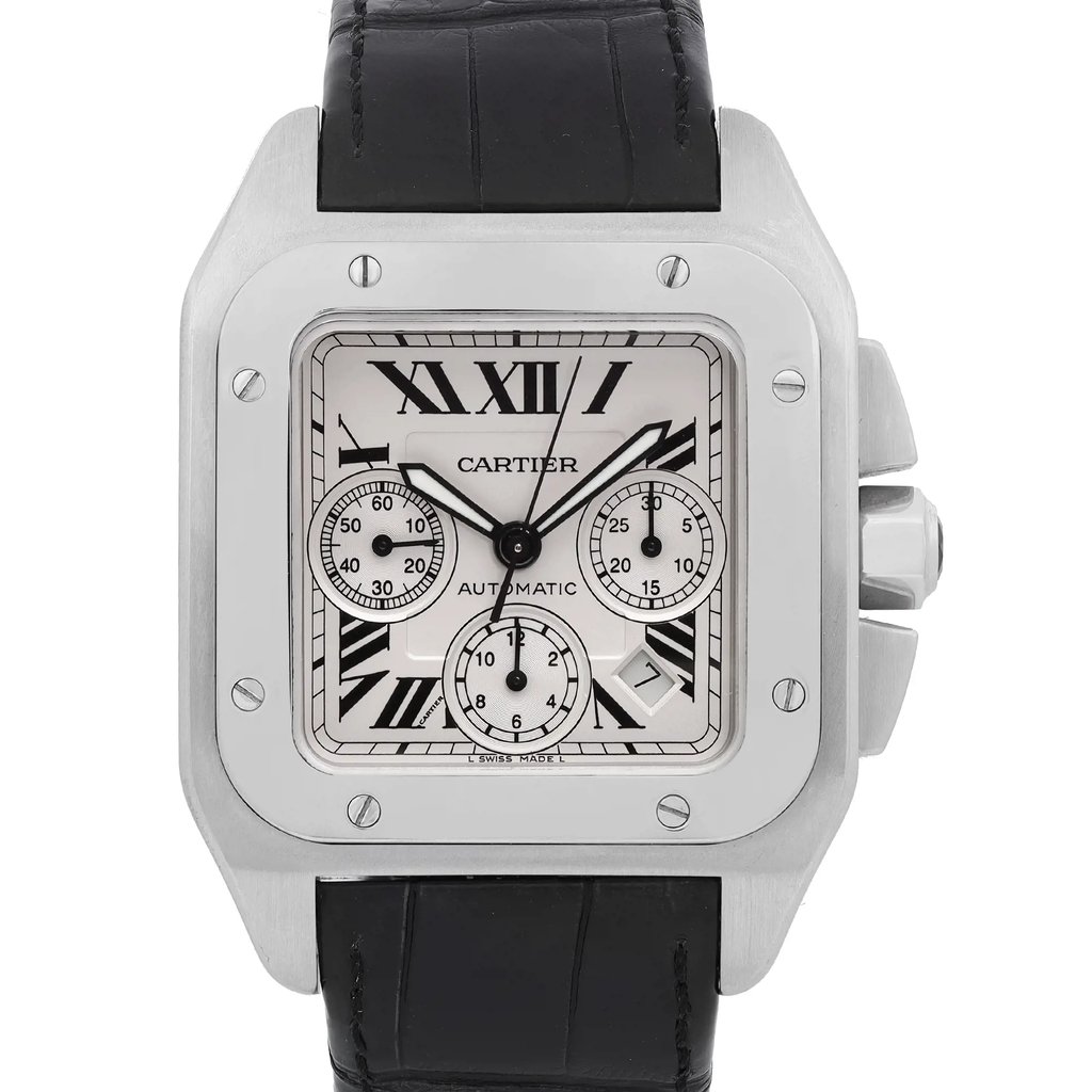 An image of a pre-owned men's luxury wristwatch by Cartier, displayed in a front close-up view focusing on the watch face. The square-shaped watch features a silver dial with Roman numerals and three subdials indicating a chronograph, small seconds. Luminous hands are visible within the dial. The bezel and case are made of stainless steel. Attached is a black leather band, and the watch is positioned straight facing the viewer at a close distance, allowing clear visibility of the details.