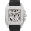 An image of a pre-owned men's luxury wristwatch by Cartier, displayed in a front close-up view focusing on the watch face. The square-shaped watch features a silver dial with Roman numerals and three subdials indicating a chronograph, small seconds. Luminous hands are visible within the dial. The bezel and case are made of stainless steel. Attached is a black leather band, and the watch is positioned straight facing the viewer at a close distance, allowing clear visibility of the details.
