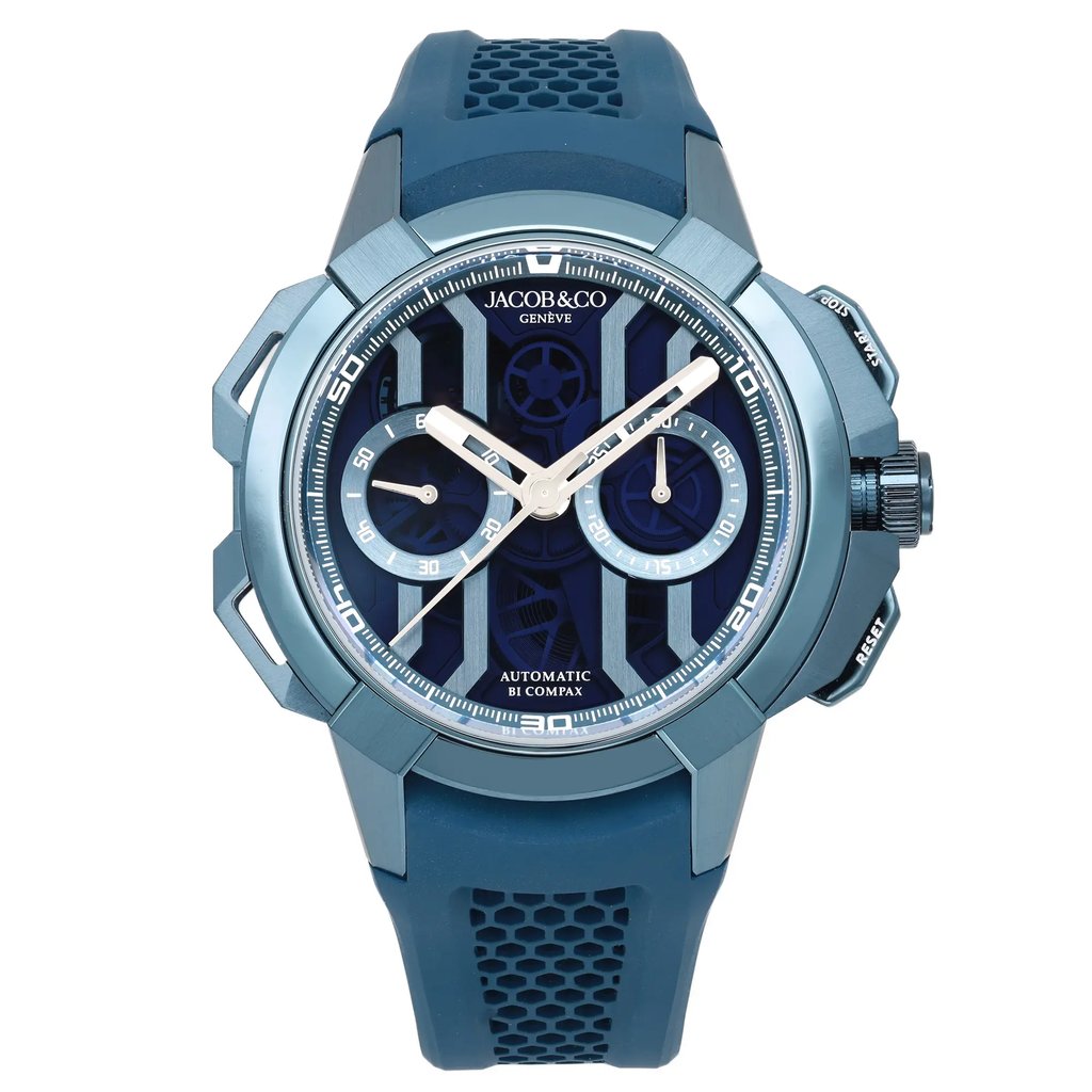 An image of a pre-owned wristwatch taken from a full frontal view. The watch features a blue strap and a detailed face with multiple subdials. The brand name is visible on the dial, and the image captures the watch in a clear and centered position, showcasing its intricate design and condition.