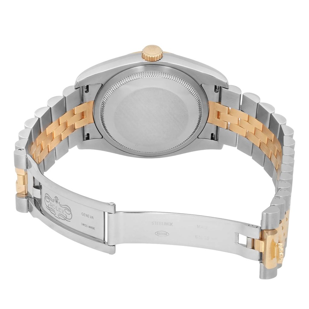 An image of a pre-owned men's Rolex wristwatch viewed from the back. The watch is positioned horizontally, showcasing the closed clasp and the two-tone metal bracelet featuring stainless and gold links. The stainless steel case back is visible, and the crown is on the right side. The angle highlights the craftsmanship and detail of the bracelet, with the image taken from a moderately close distance.