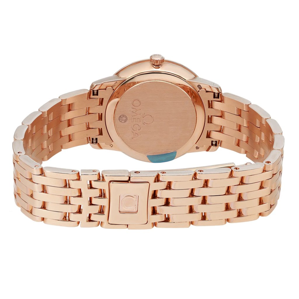 Back View Of Screwback Back Case And Closed Rose Gold Band Of OMEGA 424.50.27.60.05.002 Watch Unworn Condition
