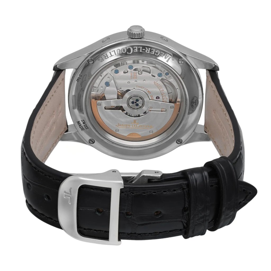 Back View Of Exhibition Back Case And Closed Leather Band Of Jaeger-LeCoultre Q1558421 Watch Pre Owned Condition