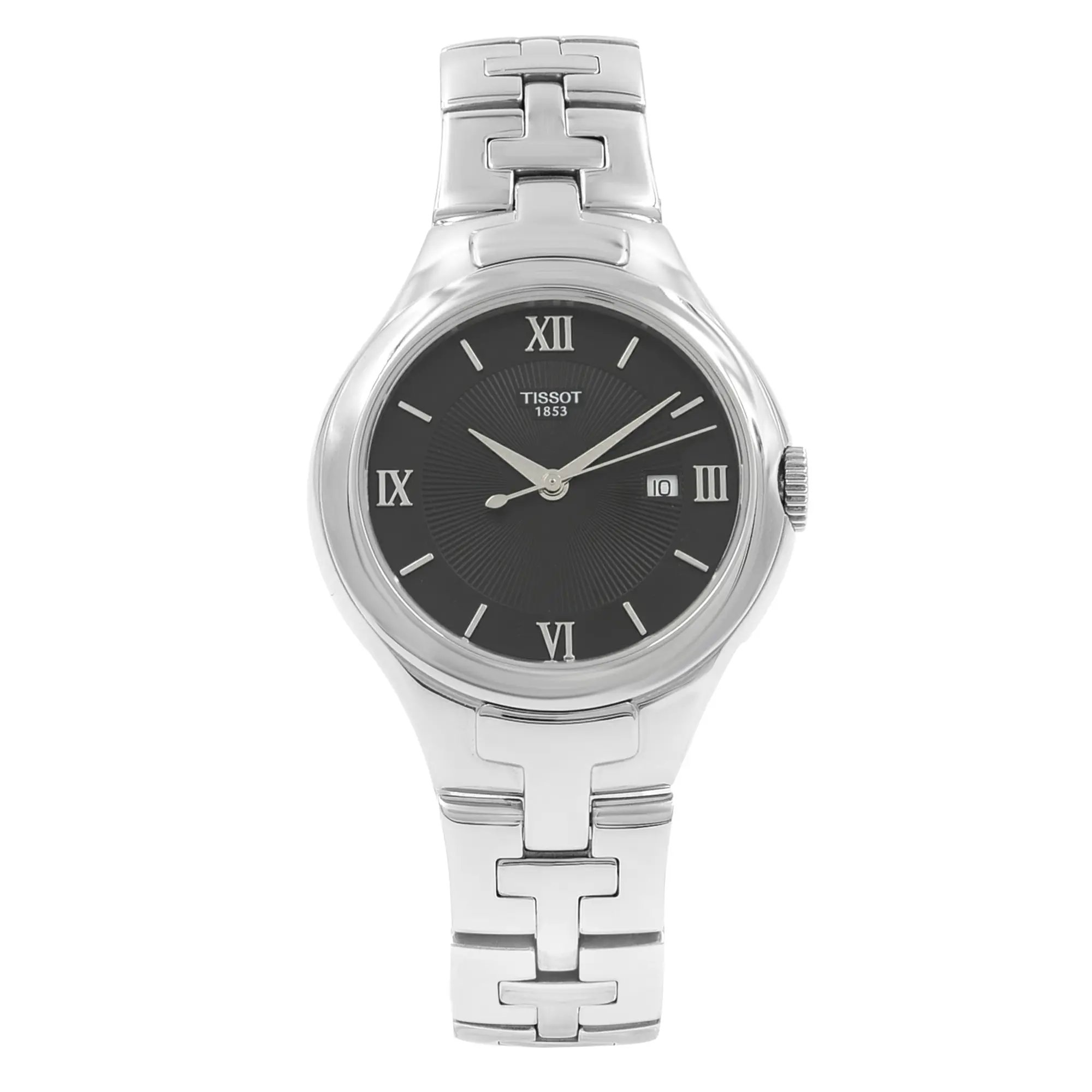 An image of a Wristwatch by Tissot. This Pre Owned item is designed for Women, featuring a Casual style. It has a Quartz movement and an Analog display with a Black dial color. The indices include Sticks & Numerals. The band is made of Stainless Steel and the case is made of Stainless Steel. The watch has a Round shape with a case size of 34 mm and a case thickness of 8 mm.