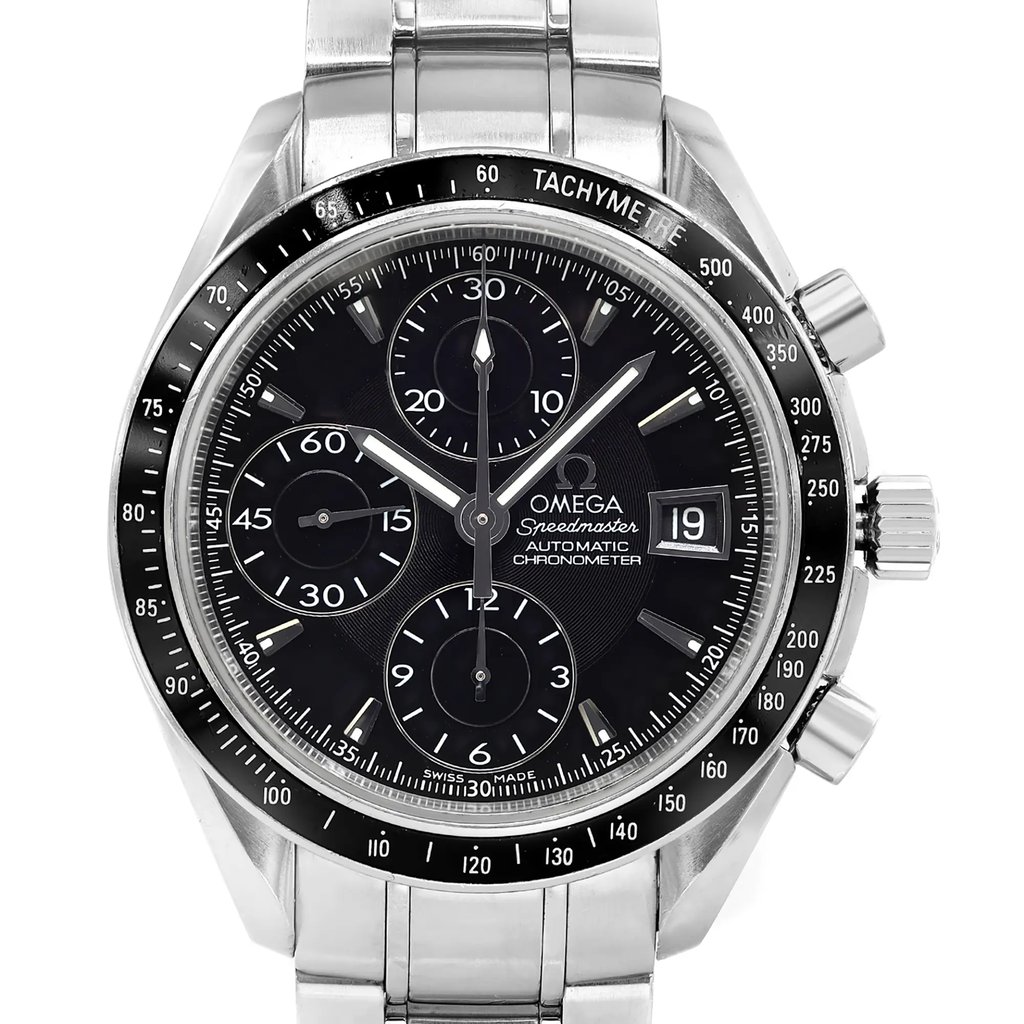 Up Close Front Facing Picture Of OMEGA 3210.50.00 Stainless Steel Watch Pre Owned Condition
