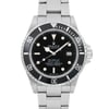 An image of a pre-owned men's luxury Rolex wristwatch. The shot is a front close-up of the watch face, highlighting its round black dial with round indices and a black bezel. The stainless steel band and case are visible, showcasing the watch's high-quality construction. Features include a date indicator and luminous hands. The watch is in good condition.