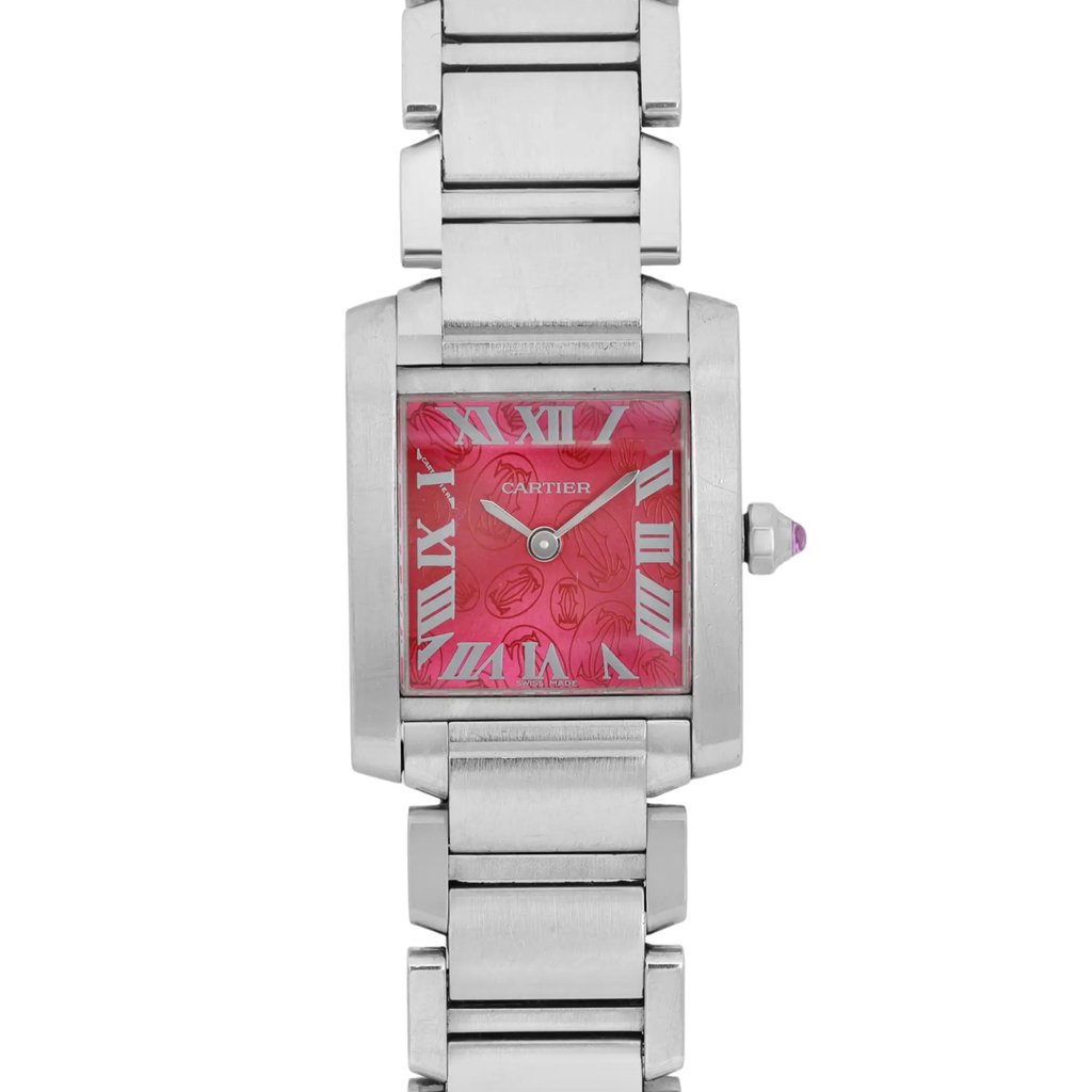 An image of a pre-owned women's Cartier wristwatch taken from a straight-on angle at close range. The watch features a stainless steel bracelet and a square case with a vibrant raspberry dial. The dial displays Roman numerals and two sleek hands. The crown has a small gem detail. The overall presentation is elegant and stylish.