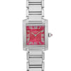 An image of a pre-owned women's Cartier wristwatch taken from a straight-on angle at close range. The watch features a stainless steel bracelet and a square case with a vibrant raspberry dial. The dial displays Roman numerals and two sleek hands. The crown has a small gem detail. The overall presentation is elegant and stylish.