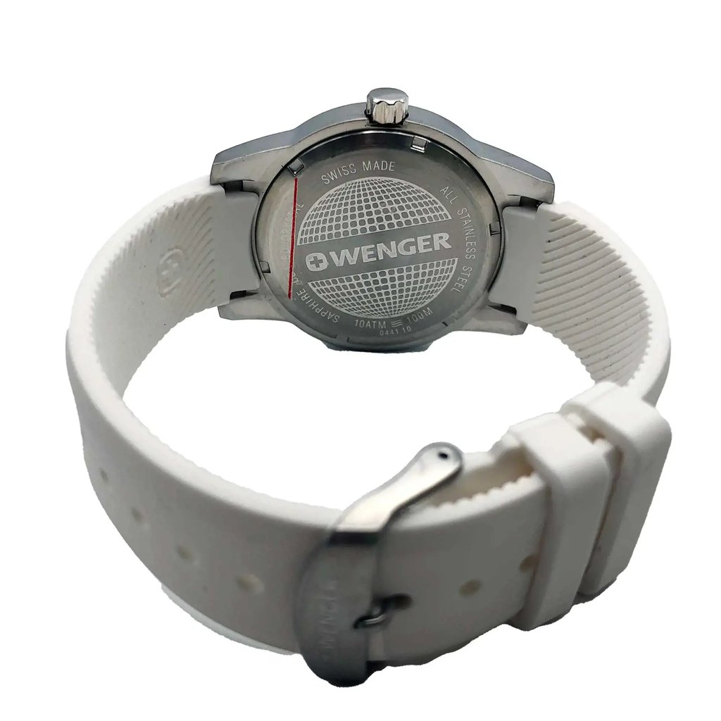 Back View Of Screwback Back Case And Closed Rubber,Silicone Band Of Wenger 01.0441.147 Watch Display Model Condition