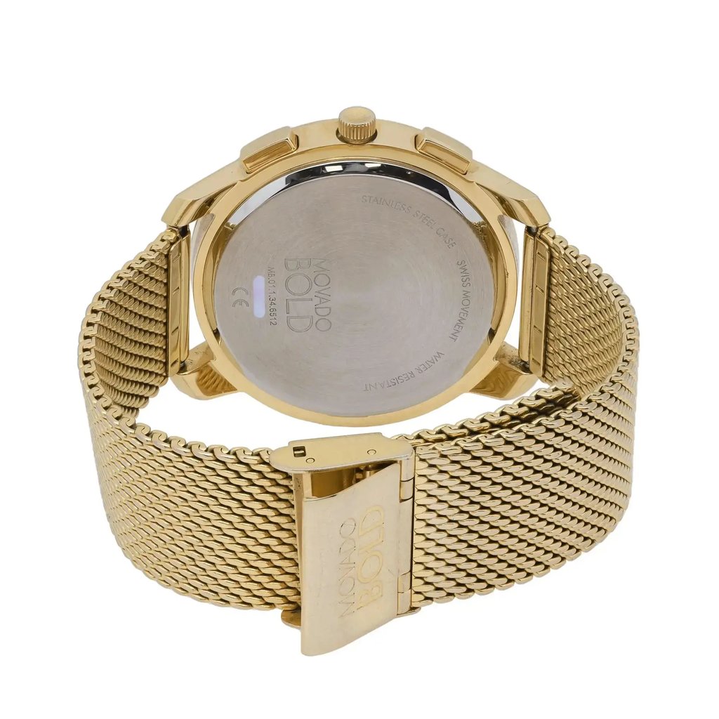 An image of a Wristwatch by Movado. This Pre Owned item is designed for Men, featuring a Casual style. It has a Quartz movement and an Analog display with a Gold dial color. The indices include 12-Hour Dial,Multi Dial,Stick Indexes. The band is made of Stainless Steel and the case is made of Stainless Steel. The watch has a Round shape with a case size of 42 mm and a case thickness of 10 mm.