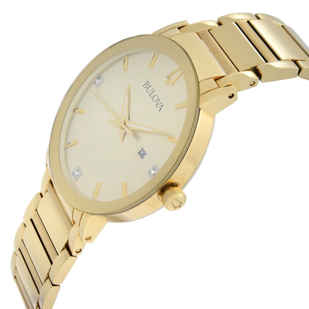 An image of a pre-owned Bulova men's wristwatch, presented in a side profile view with the crown visible. The watch features a champagne sunburst dial, gold-tone bezel, and a stainless steel band. Positioned at a close distance, the round watch has a dress/formal style with a date indicator at the 3 o'clock position and luminous hands. The angle captures the elegant contours and details of the watch, emphasizing its sophisticated design.