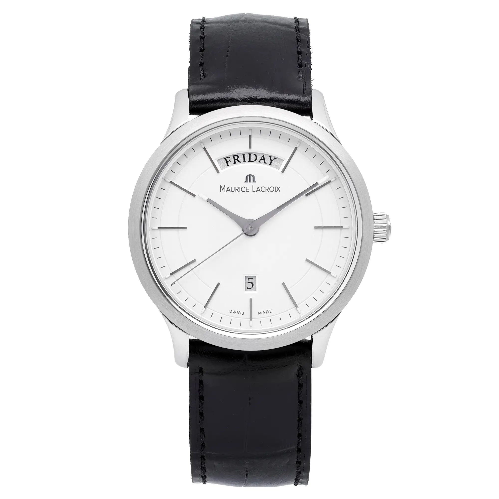 Front Full View Of Maurice Lacroix LC1007-SS001-130 Stainless Steel Watch Unworn Condition Excellent