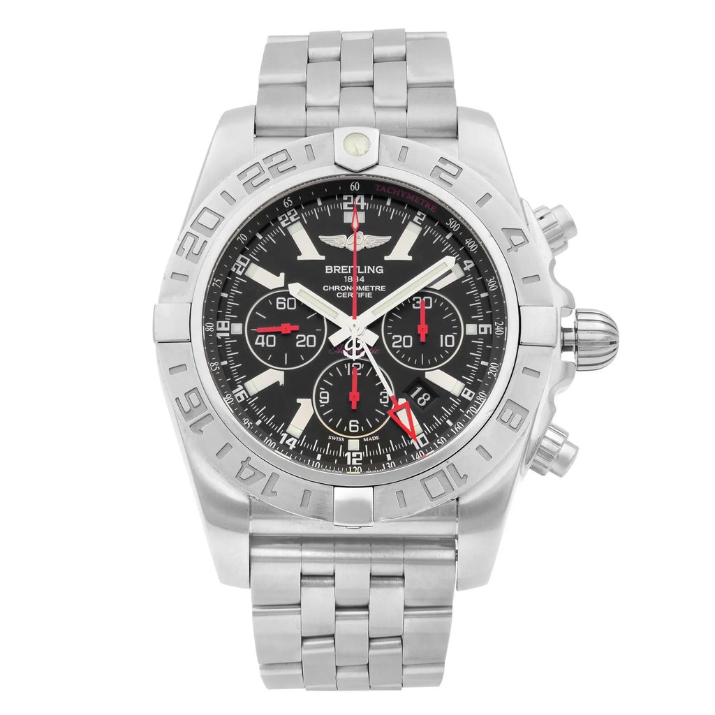 An image of a Wristwatch by Breitling. This Pre Owned item is designed for Men, featuring a Luxury style. It has a Mechanical (Automatic) movement and an Analog display with a Black dial color. The indices include 12-Hour Dial,Multi Dial,Stick Indexes. The band is made of Stainless Steel and the case is made of Stainless Steel. The watch has a Round shape with a case size of 47 mm and a case thickness of 18 mm.