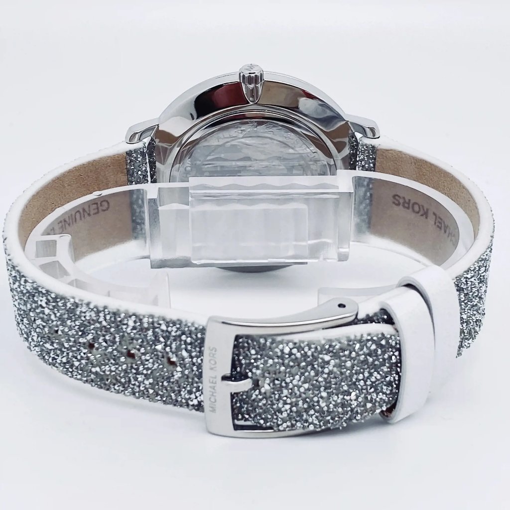 Back View Of Snap Back Case And Closed Leather Band Of Michael Kors MK2877 Watch Unworn Condition