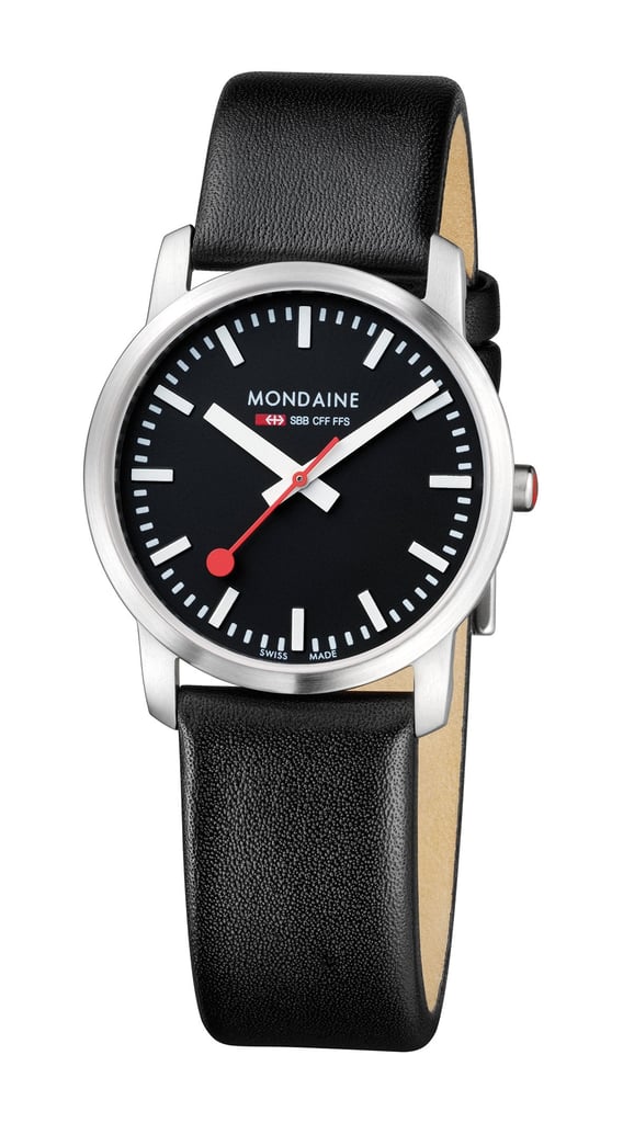 An image of a Wristwatch by Mondaine. This Display Model item is designed for Women, featuring a Classic,Dress/Formal style. It has a Quartz movement and an Analog display with a Black dial color. The indices include 12-Hour Dial,Non-Numeric Hour Marks,Stick Indexes. The band is made of Leather and the case is made of Stainless Steel. The watch has a Round shape with a case size of 36 mm and a case thickness of 6 mm.