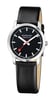 An image of a Wristwatch by Mondaine. This Display Model item is designed for Women, featuring a Classic,Dress/Formal style. It has a Quartz movement and an Analog display with a Black dial color. The indices include 12-Hour Dial,Non-Numeric Hour Marks,Stick Indexes. The band is made of Leather and the case is made of Stainless Steel. The watch has a Round shape with a case size of 36 mm and a case thickness of 6 mm.