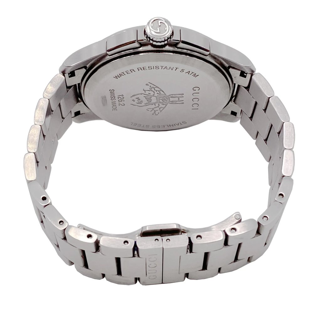Back View Of Snap Back Case And Closed Stainless Steel Band Of Gucci YA126267 Watch Pre Owned Condition