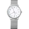 An image of a Wristwatch by Mondaine. This New With Defects item is designed for Men, featuring a Classic,Dress/Formal style. It has a Quartz movement and an Analog display with a White dial color. The indices include 12-Hour Dial,Arabic Numerals,Easy to Read/Large Numerals. The band is made of Stainless Steel and the case is made of Stainless Steel. The watch has a Round shape with a case size of 40 mm and a case thickness of 9 mm.
