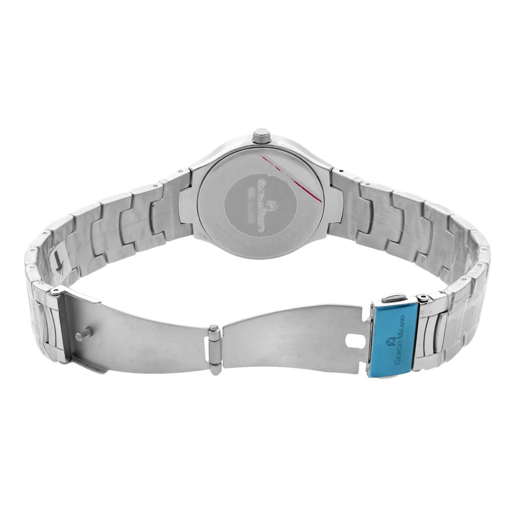 Back View Of Snap Back Case And Open Stainless Steel Band Of Giorgio Milano GM845SL-SL Watch Display Model Condition