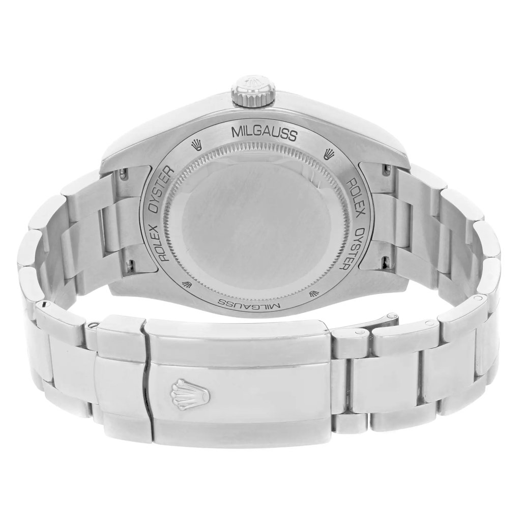 Back View Of Screwback Back Case And Closed Stainless Steel Band Of Rolex 116400 Watch Pre Owned Condition
