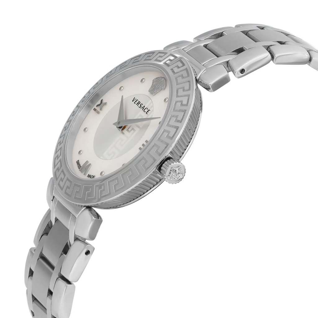 An image of a Wristwatch by Versace. This Display Model item is designed for Women, featuring a Casual style. It has a Quartz movement and an Analog display with a White dial color. The indices include 12-Hour Dial. The band is made of Stainless Steel and the case is made of Stainless Steel. The watch has a Round shape with a case size of 35 mm and a case thickness of 7 mm.