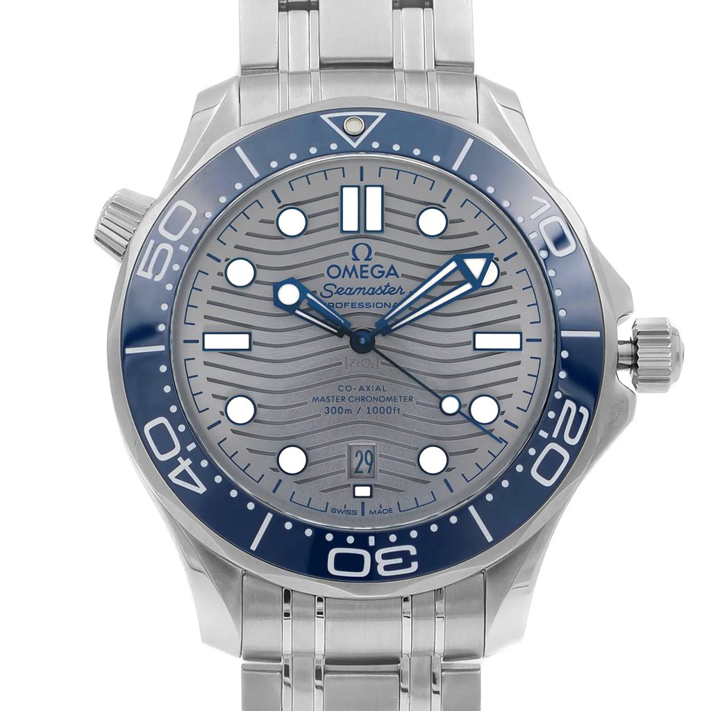 An image of a new wristwatch, featuring a front close-up shot of the watch face. The watch has a detailed design with a blue and silver color scheme and is set against a neutral background. The watch hands and hour markers are clearly visible, with additional text indicating its specifications. The angle captures the watch face head-on, highlighting its intricate details and craftsmanship.