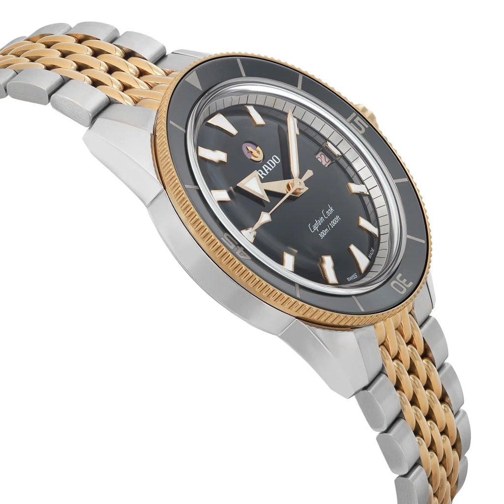 An image of a Wristwatch by Rado. This Unworn item is designed for Men, featuring a Casual style. It has a Mechanical (Automatic) movement and an Analog display with a Black dial color. The indices include 12-Hour Dial,Stick Indexes. The band is made of Stainless Steel and the case is made of Stainless Steel. The watch has a Round shape with a case size of 42 mm and a case thickness of 12 mm.