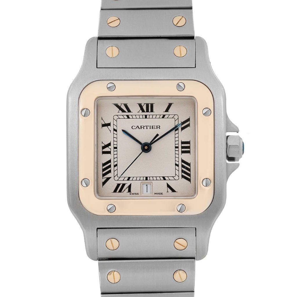 Up Close Front Facing Picture Of Cartier 187901 Stainless Steel Watch Pre Owned Condition