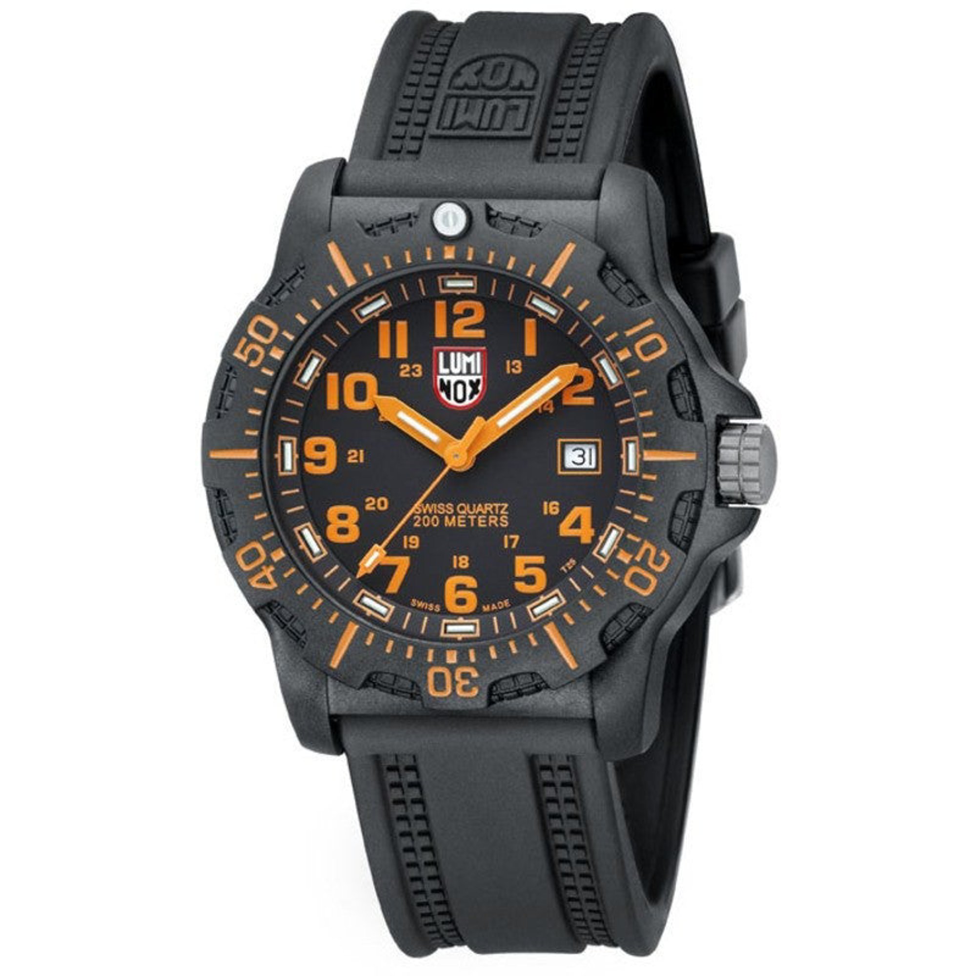 An image of a Wristwatch by Luminox. This Pre Owned item is designed for Men, featuring a Diver,Military style. It has a Quartz movement and an Analog display with a Black dial color. The indices include 12-Hour Dial,Arabic Numerals,Easy to Read/Large Numerals. The band is made of Rubber and the case is made of Carbon. The watch has a Round shape with a case size of 44 mm and a case thickness of 14 mm.