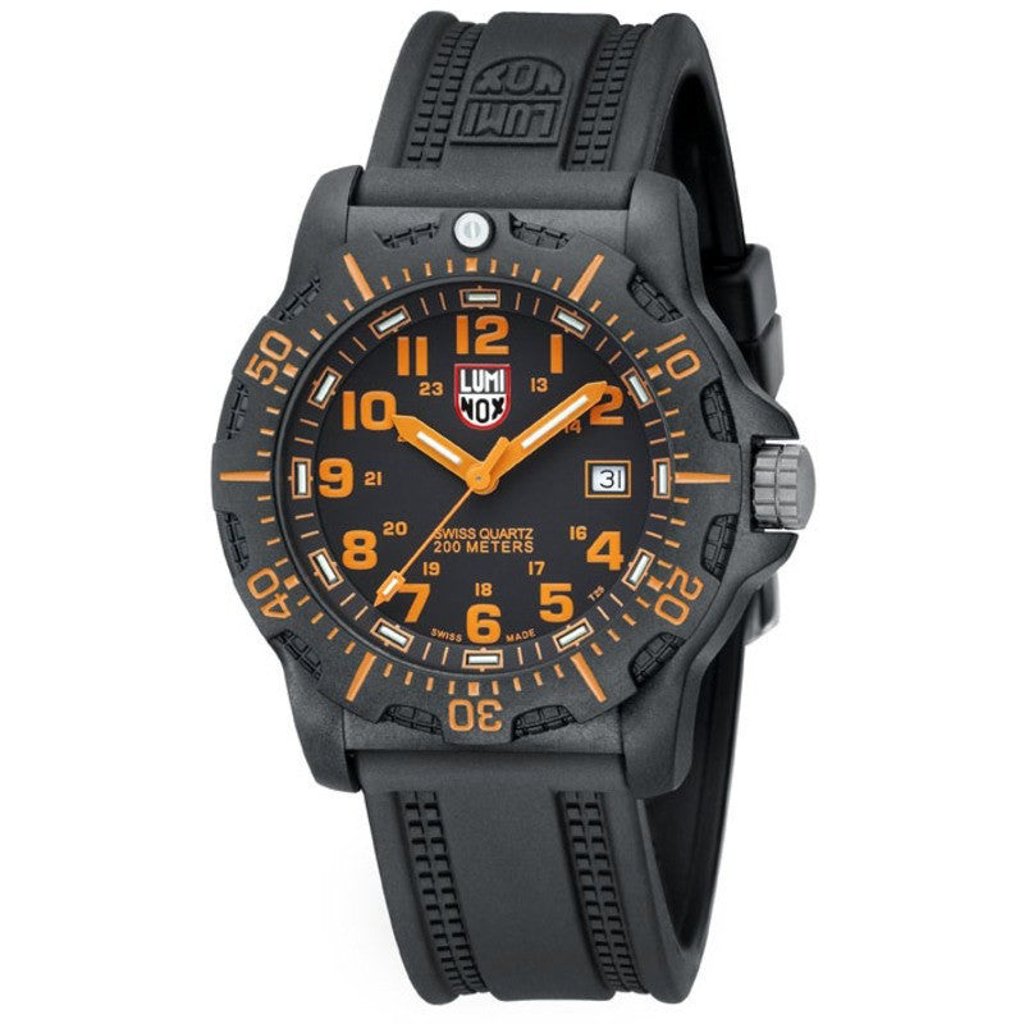 An image of a Wristwatch by Luminox. This Pre Owned item is designed for Men, featuring a Diver,Military style. It has a Quartz movement and an Analog display with a Black dial color. The indices include 12-Hour Dial,Arabic Numerals,Easy to Read/Large Numerals. The band is made of Rubber and the case is made of Carbon. The watch has a Round shape with a case size of 44 mm and a case thickness of 14 mm.