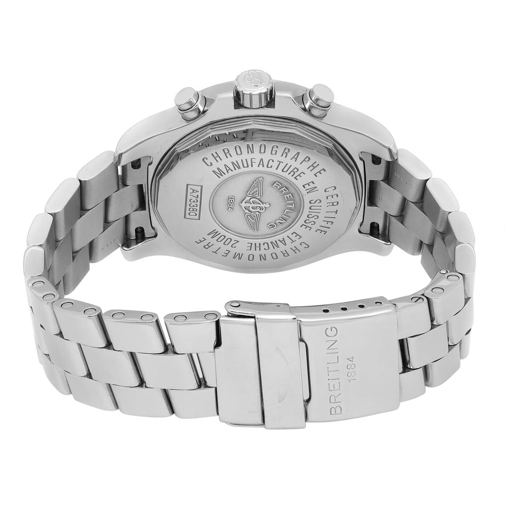 Back View Of Solid Back Case And Closed Stainless Steel Band Of Breitling A73380 Watch Pre Owned Condition